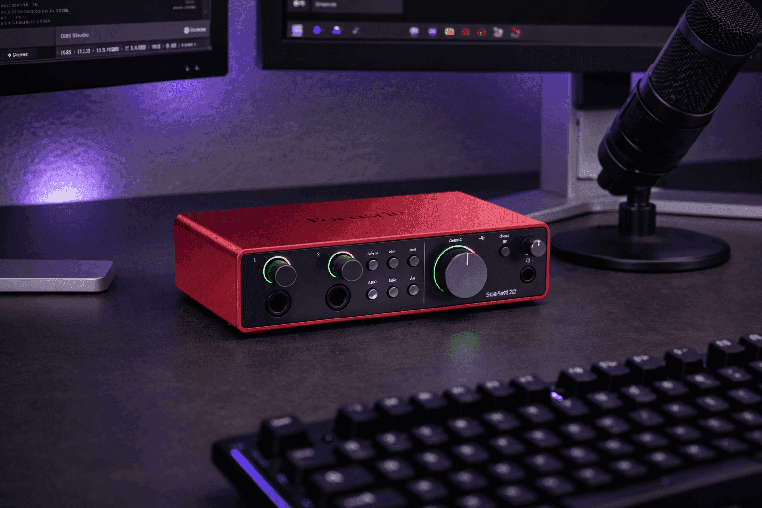 Audio interface connected on a creator desk with XLR microphone and cables