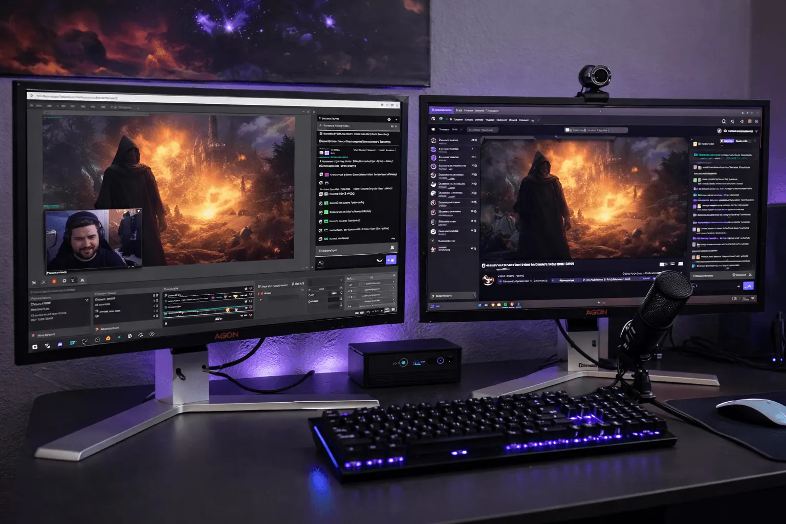 Complete streaming setup with microphone, camera, and audio interface on a desk